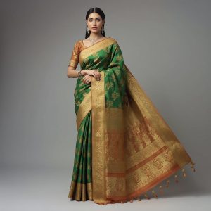 Green & Gold-Toned Woven Design Zari Silk Blend Banarasi Saree
