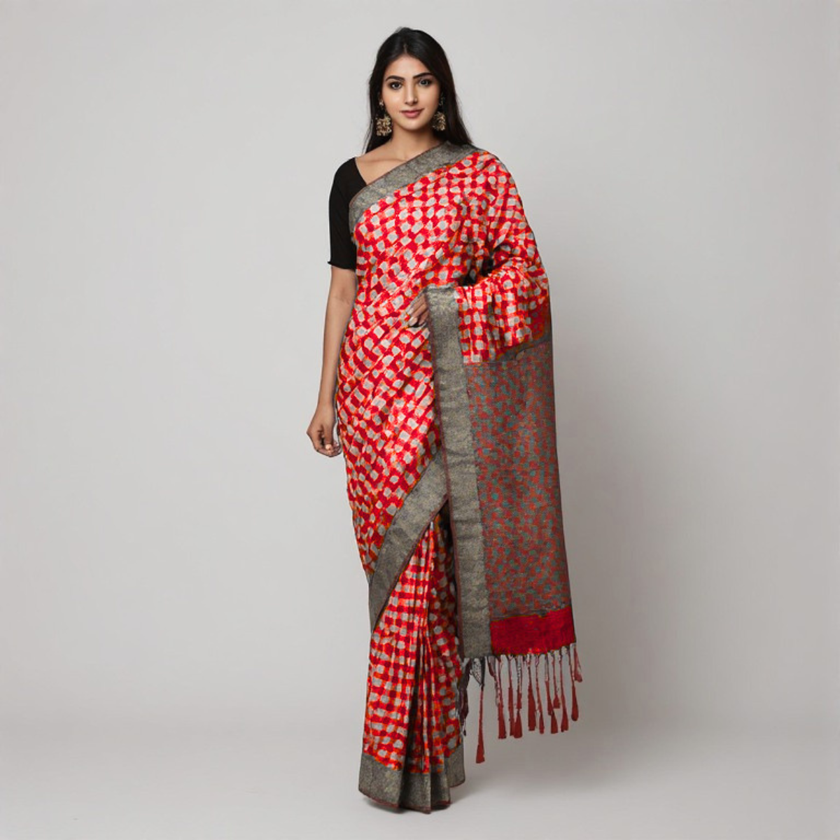 Women's Traditional Arani Cotton Saree - Checked Pattern - Image 4