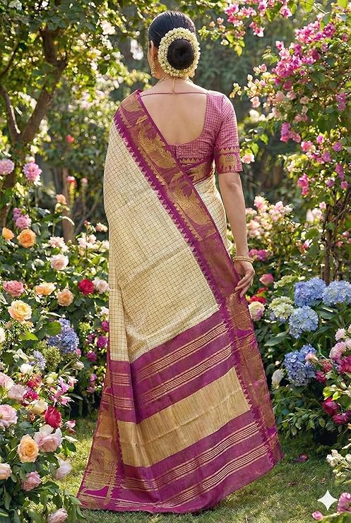 Sandal body with Black Elephant Border Traditional Arani Saree - Image 3