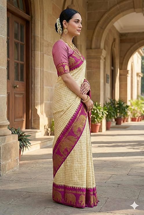 Sandal body with Black Elephant Border Traditional Arani Saree - Image 4