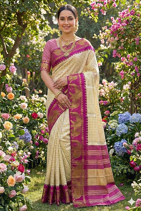 Sandal body with Black Elephant Border Traditional Arani Saree - Image 5